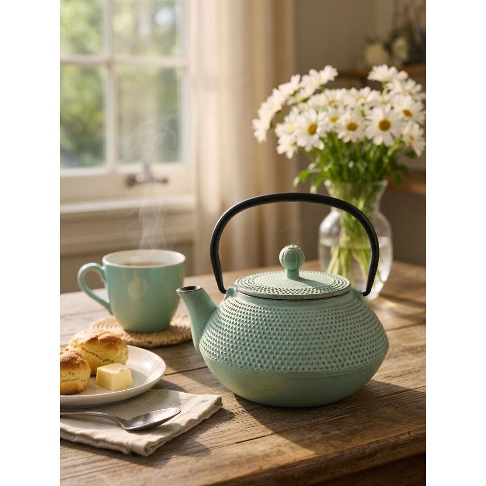 Green Cast Iron Tea Pot & Lid Distressed Patina Dot Texture Asian Rustic Decor
